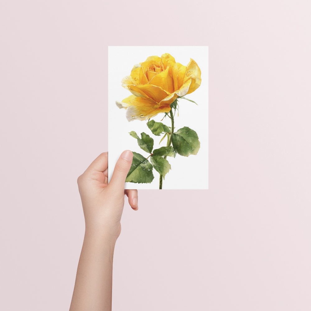 Watercolor Single Yellow Rose Wall Art Print Poster, Unframed - Delicate Floral - Picture 5 of 6